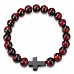 Armbånd af rød tigerøje med hematit kors. Elastisk. 70 mm