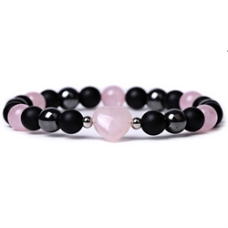 Armbånd af hæmatit, rosa kvarts og abrazin sten. Elastisk. 19 cm
