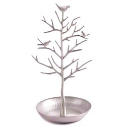 Smykkestativ "Træ med fugle" til øreringe, kæder m.m. Sølvfarvet metal. 32 cm