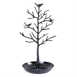 Smykkestativ "Træ med fugle" til øreringe, kæder m.m. Sort lakeret metal. 32 cm