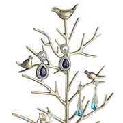 Smykkestativ "Træ med fugle" til øreringe m.m. Gyldent metal. 32 cm