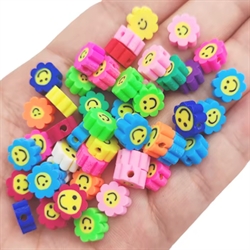 Fimo perler. Blomster med et smil. Farve mix. 10 mm. 30 stk.