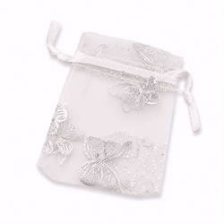 Organza - chiffon pose med sølv sommerfugle. 90 mm. 10 stk.