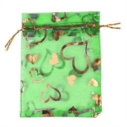 Organza - chiffonpose med guld hjerter. 90 mm. Grøn. 100 stk.