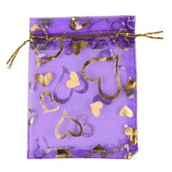 Organza - chiffonpose med guld hjerter. 90 mm. Lilla. 100 stk.