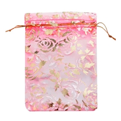 Organza - chiffonpose med guld roser. 90 mm. Pink. 100 stk.
