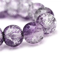 Krakelerede glasperler. Violet og klar. 10 mm. 1 streng