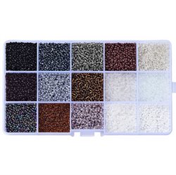 Seed beads sortiment. 2 mm. 10.000 stk. Sort/hvid/grå m.m.