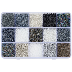 Seed beads sortiment. 2 mm. 12.000 stk. Sort/hvid/grå m.m.