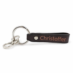 Personlig læder nøglering med karabinhager. Sort. 16 cm.