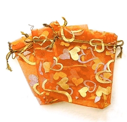 Organza - chiffonpose med guld hjerter. 90 mm. Orange. 100 stk.