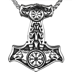 Vedhæng. Thors hammer med Fenris ulve. Rustfri stål. 49 mm