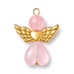 Vedhæng - engel med glas hjerte. Forgyldt. 34 mm. Rosa