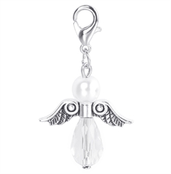 Lykkeengel m/ perle og krystal dråbe. Klar. 40 mm