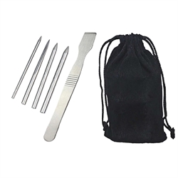Knyttenåle kit. Stål. 5 dele i fløjl pose