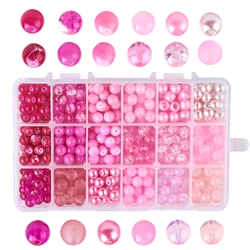DIY glasperle sæt. 8-9 mm i 15 pink nuancer. 480 stk.